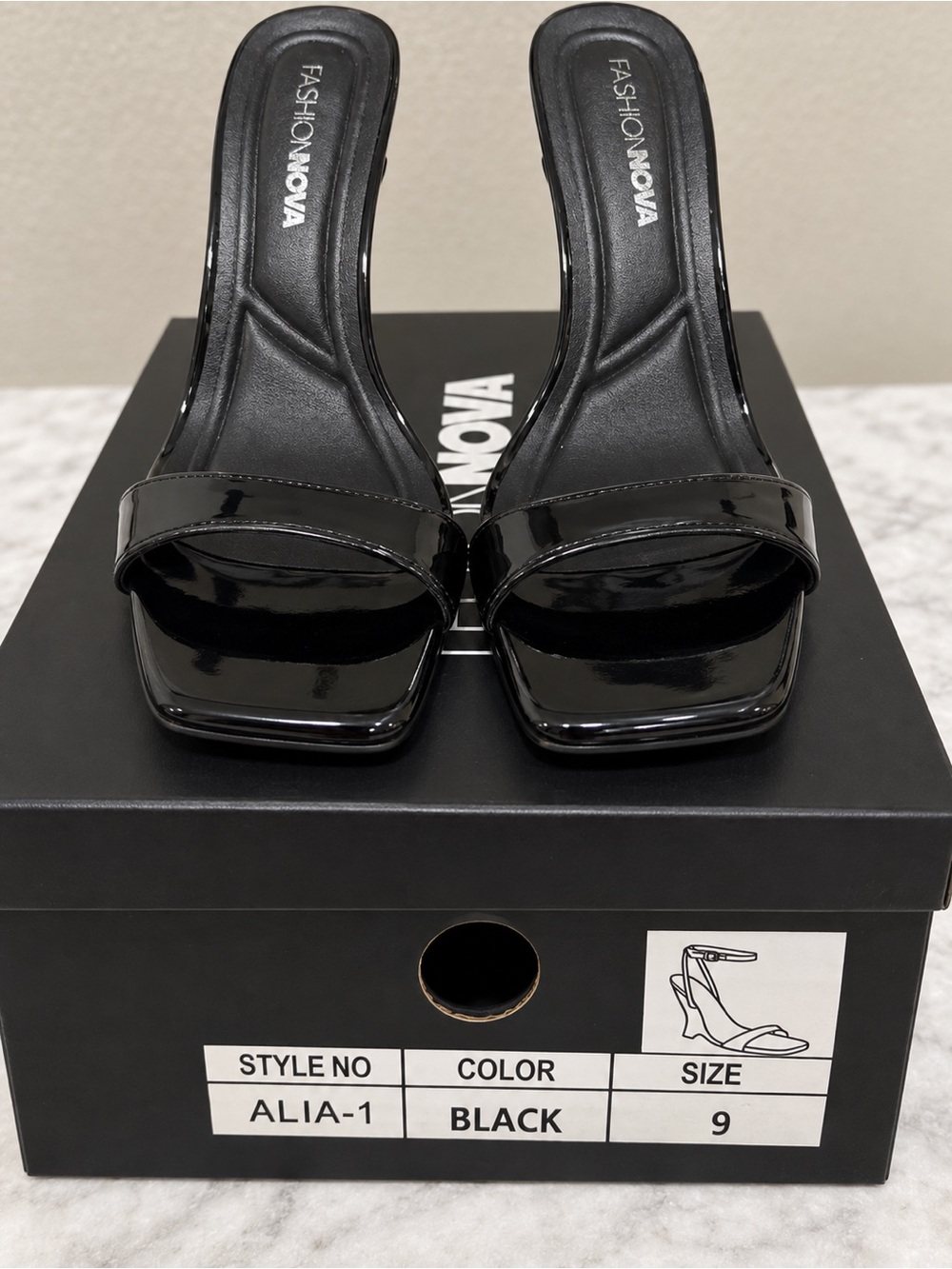 Fashion Nova Black Patent Square-Toe Slide Heels